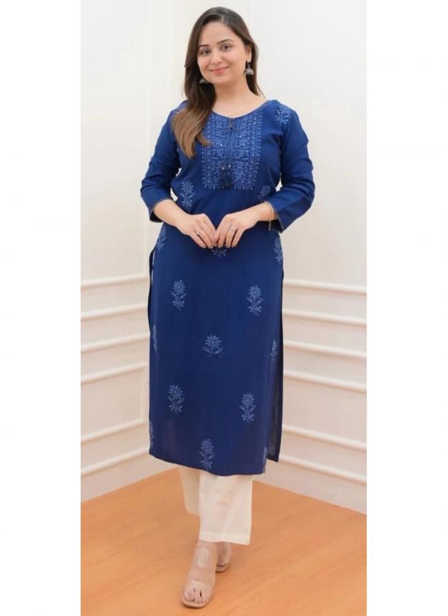 Rayon Cotton Blue Casual Wear Embroidery Work Readymade Kurti With Plazzo